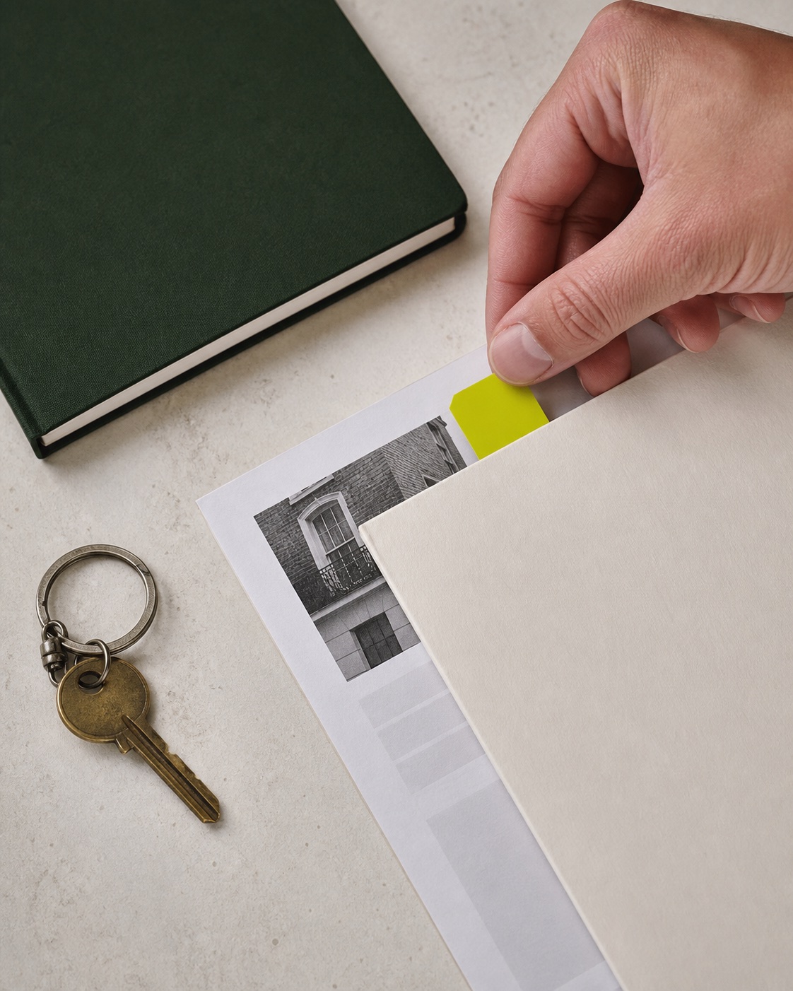 A person adding a chartreuse routing tab to an anonymised property enquiry record beside a house key
