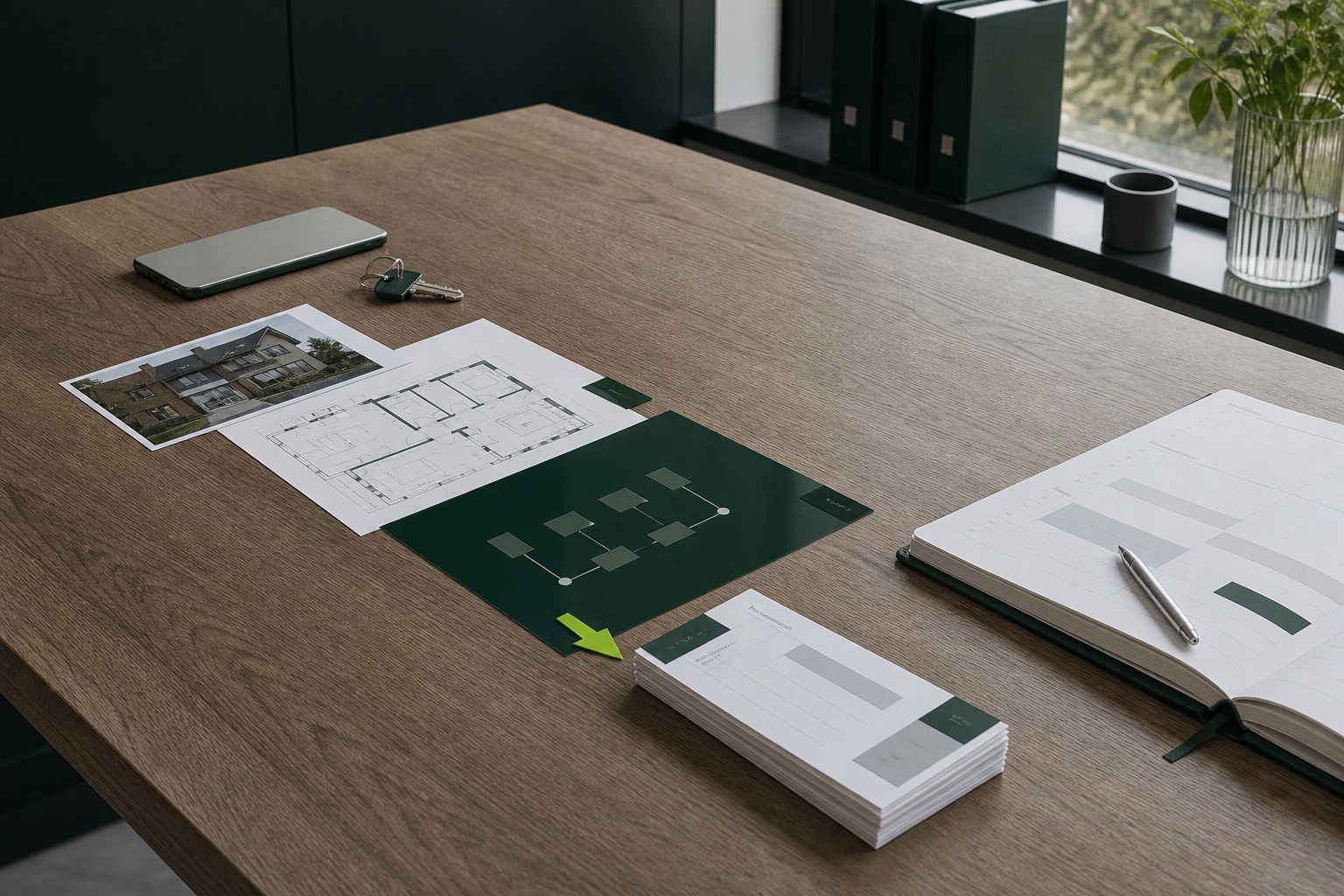 A carefully organised property enquiry workspace with floor plans, a key and one chartreuse routing marker
